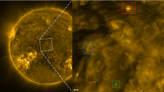 Observations of the Sun taken on Oct. 12, 2022 show magnetic waves highlighted by colored boxes that could explain coronal heating